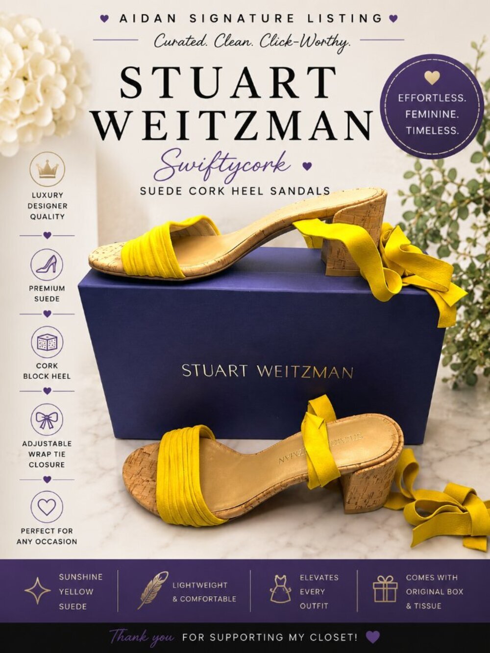 Stuart Weitzman Swiftycork Jonquil Yellow Suede Cork Heel Sandals Sz 7 M Box